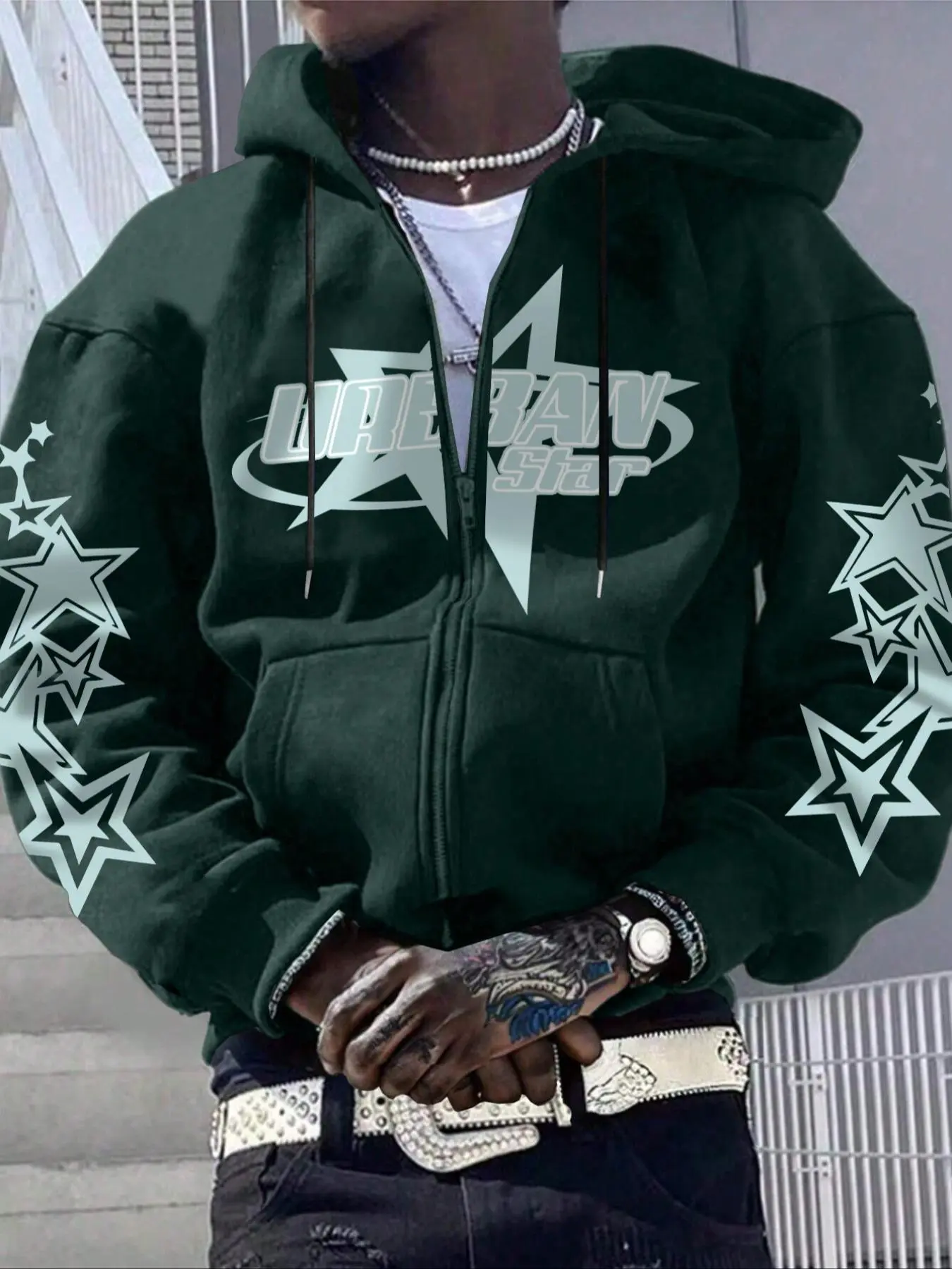 Men's Cartoon Star Print Zip Up Hoodie, Casual Comfy Zipper, Casual Regular Fit Long Sleeve Drawstring Pocket Hooded Sweatshirt for Fall & Winter, Men's Top for Daily Wear, Casual Streetwear Hoodie, Graphic Streetwear Clothing