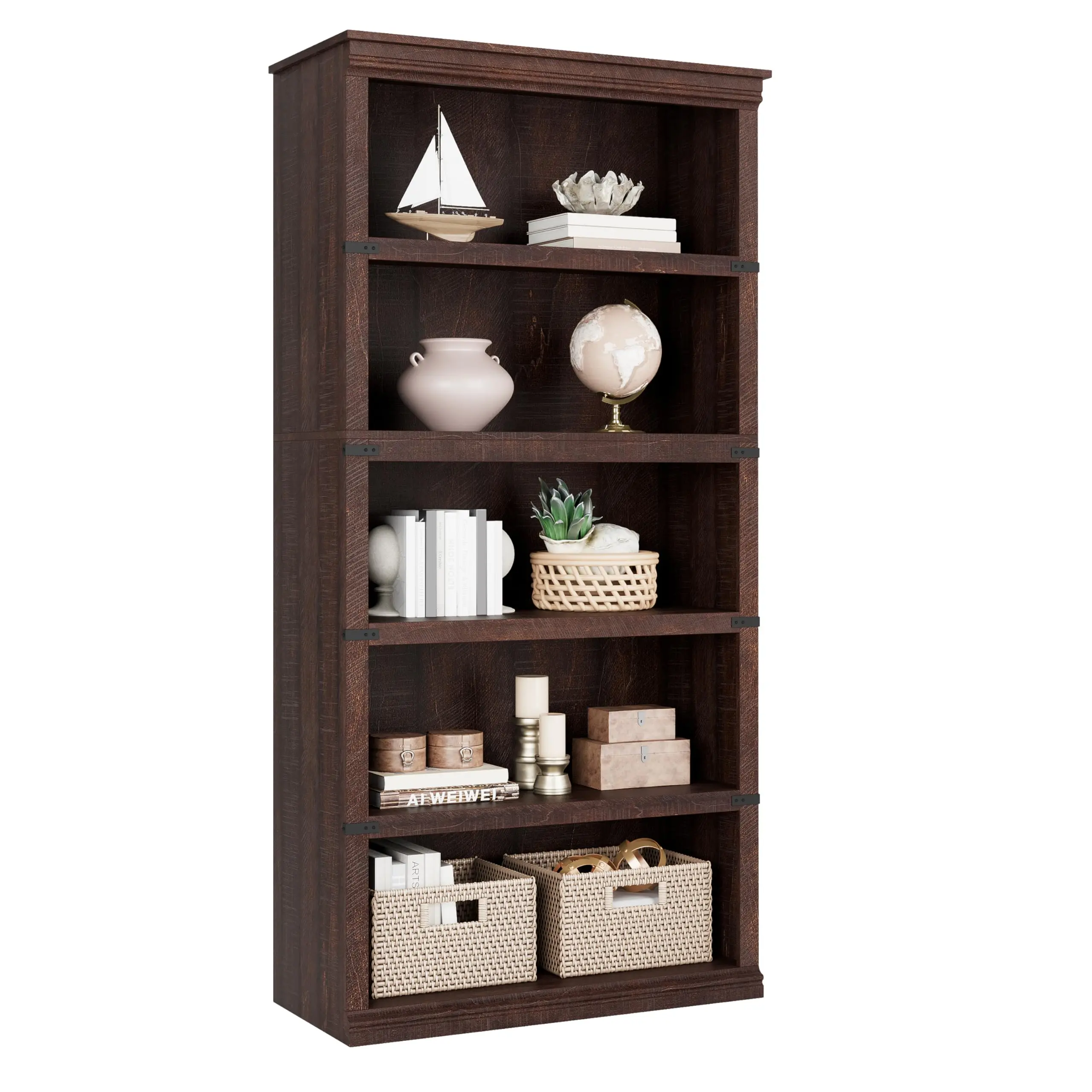 Garvee 5-Tier Bookshelf in Country Style, 171 cm High Bookshelf with Storage, Wooden Bookshelf with 5 Shelves, Standing Shelf for Home Office, Living Room or Bedroom (Gray, 171 h x 80 w x 33 d cm)