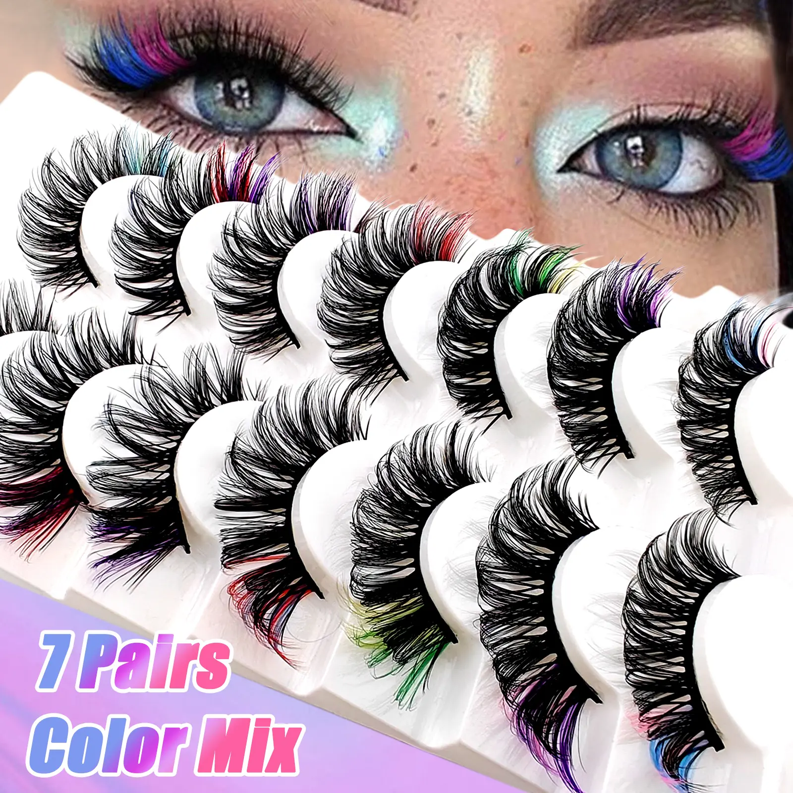 7 Pairs Colorful False Eyelashes, D Curl Voluminous Crossed Lashes, Comfortable All-Match Cat Eye Fake Lashes, Dense and Fluffy, Lightweight, Volume Lashes