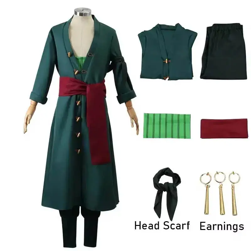 Roronoas Cosplay Costume Anime Kimono Robe Zoro Cloak Uniform Halloween Outfits With Earrings For Comic Con Halloween party