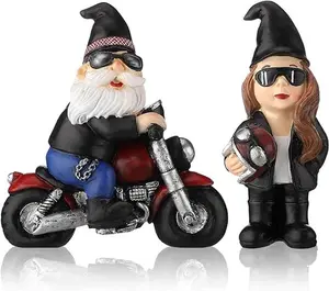 2 Pcs Biker Gnomes Coffee Riding Motorcycle Gnomes Swedish Tomte Gnomes Resin Gnome Figurines Tiered Tray Collectible Tabletop Decor for Home Farmhouse Office Decor (Biker Gnome)