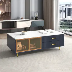 Modern Blue-Themed Multi-Drawer Coffee Table (47.2x23.5x15.5 in) - Marble White Veneer MDF Tabletop, Blue Cabinet, 4 Drawers, 2 Glass Door Storage, Gold Metal Legs, Multi-Color LED Lights, 220LB Capacity Living Room Accent Table, Blue-Themed Coffee Tables