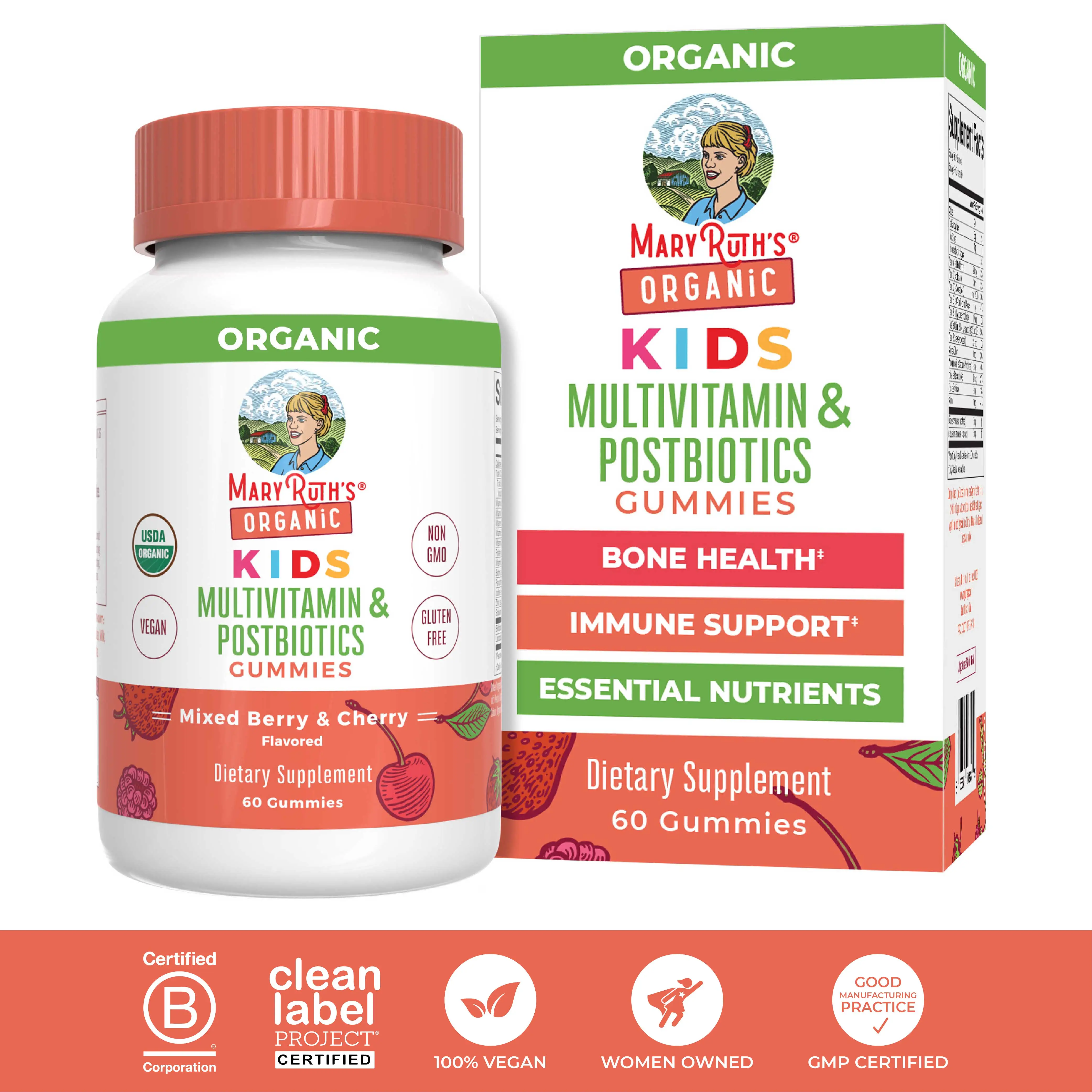 MaryRuth's USDA Organic Kids Multivitamin & Postbiotics Gummies - Multivitamin for Kids with Lactobacillus Rhamnosus - Vegan - Non-GMO - 60 Count