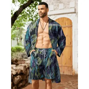 Camouflage pattern men's long cardigan and shorts set, a must-have spring/summer trendy outfit for young men, high-quality, durable, casual, stylish, breathable, comfortable, and cool