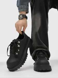 Men's Vintage Utility Style Derby Shoes, Thick Sole Small Leather Sneakers, Retro Fashion Footwear for Casual Wear