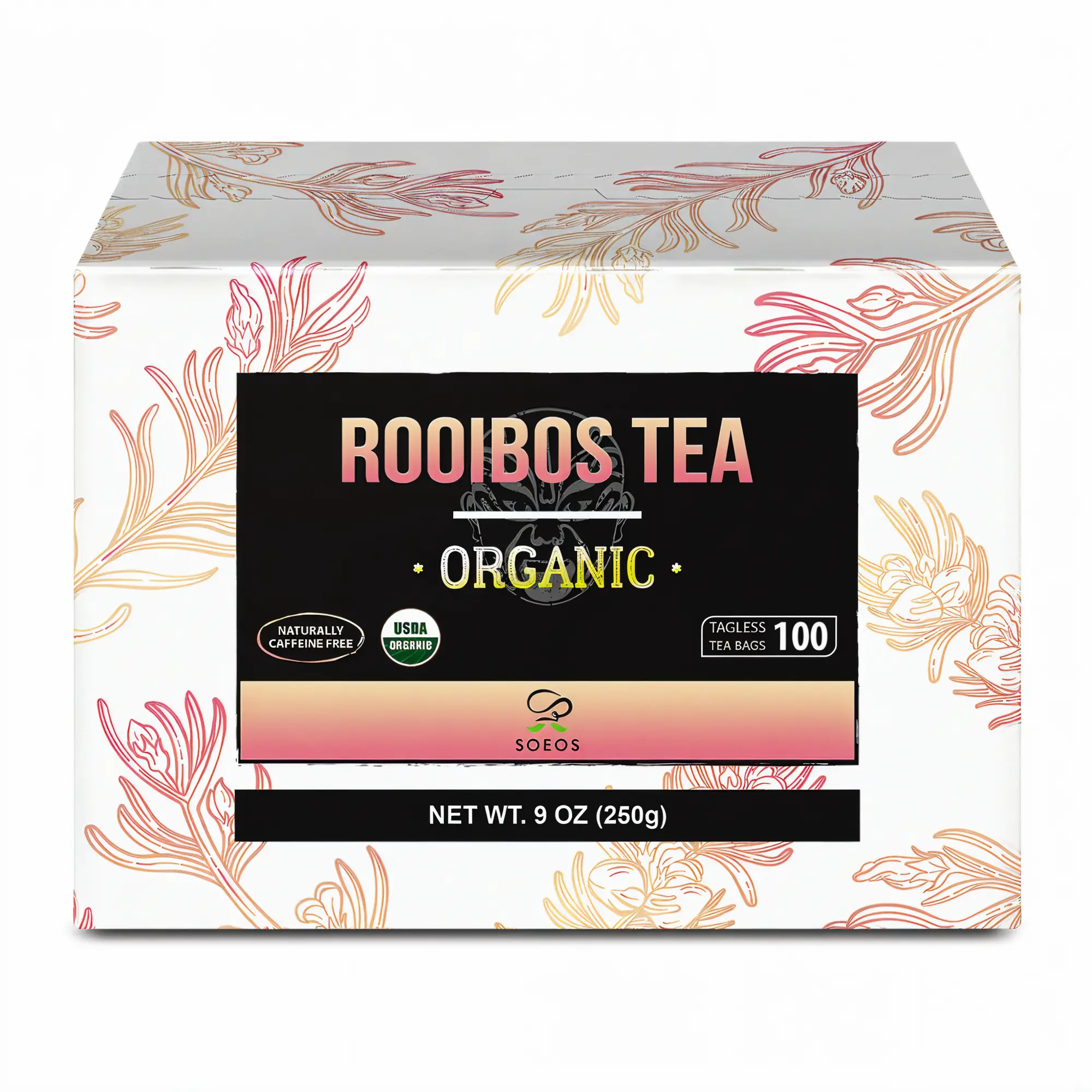 Soeos Rooibos Tea Bags (100 Count), Naturally Sweet Herbal Tea, Caffeine Free, USDA Organic, Red Rooibos Tea Farmed in South Africa 9oz (250g),100 Count (Pack of 1) Beverage