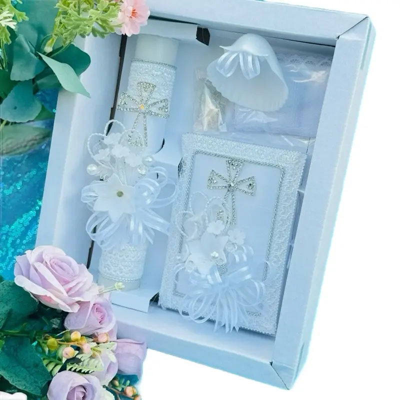 8 in Traditional Look Baptism Candle Set - Ceremony Gift for Boys & Girls with Rosary, New Testament (Set Contents), Decoration, Festive Party Supplies in Bilingual English-Spanish White Box