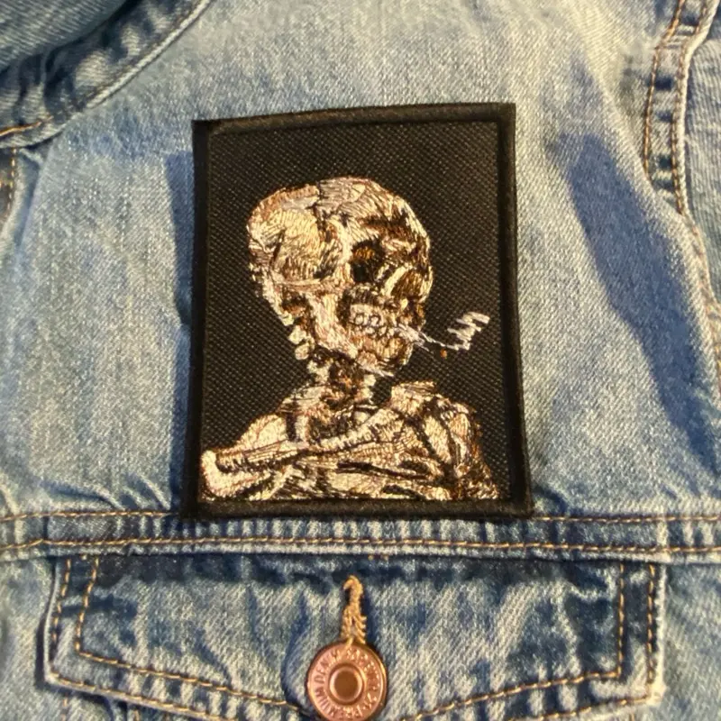 Gothic Van Gogh Burning Cigarette Embroidered Skeleton Skull Patch - 4in,6in Sizes, Iron-On-Sew-On-Hook Backing, Women's Fashion Clothing Accessory, Gift for Jackets/Bags Lovers, Customization