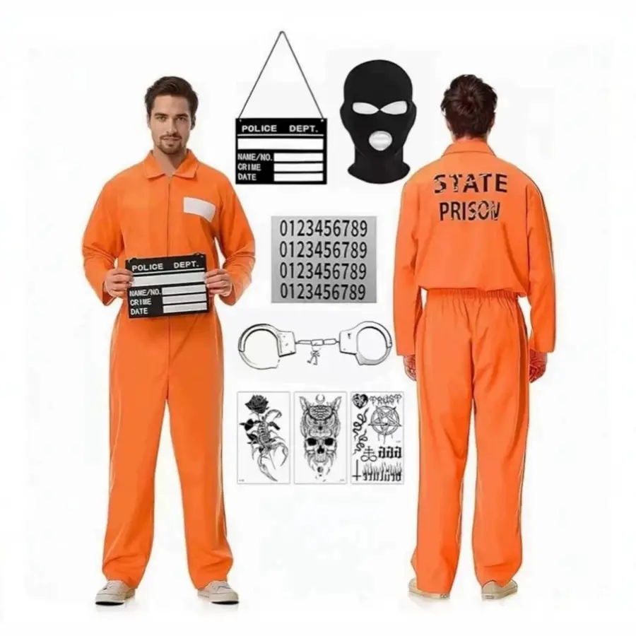 Novelty Halloween Costume: American Prison-Style Orange Jumpsuit (Includes Handcuffs, Headgear, and Tattoo Stickers) – Perfect for Holiday Performances and Roleplay