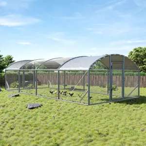 VanAcc Large Chicken Coop with Perch and Hinged Door, Spire Roof Walk-in Chicken Run with Metal Frame and PE Cover for Backyard Poultry, Ducks, Rabbits