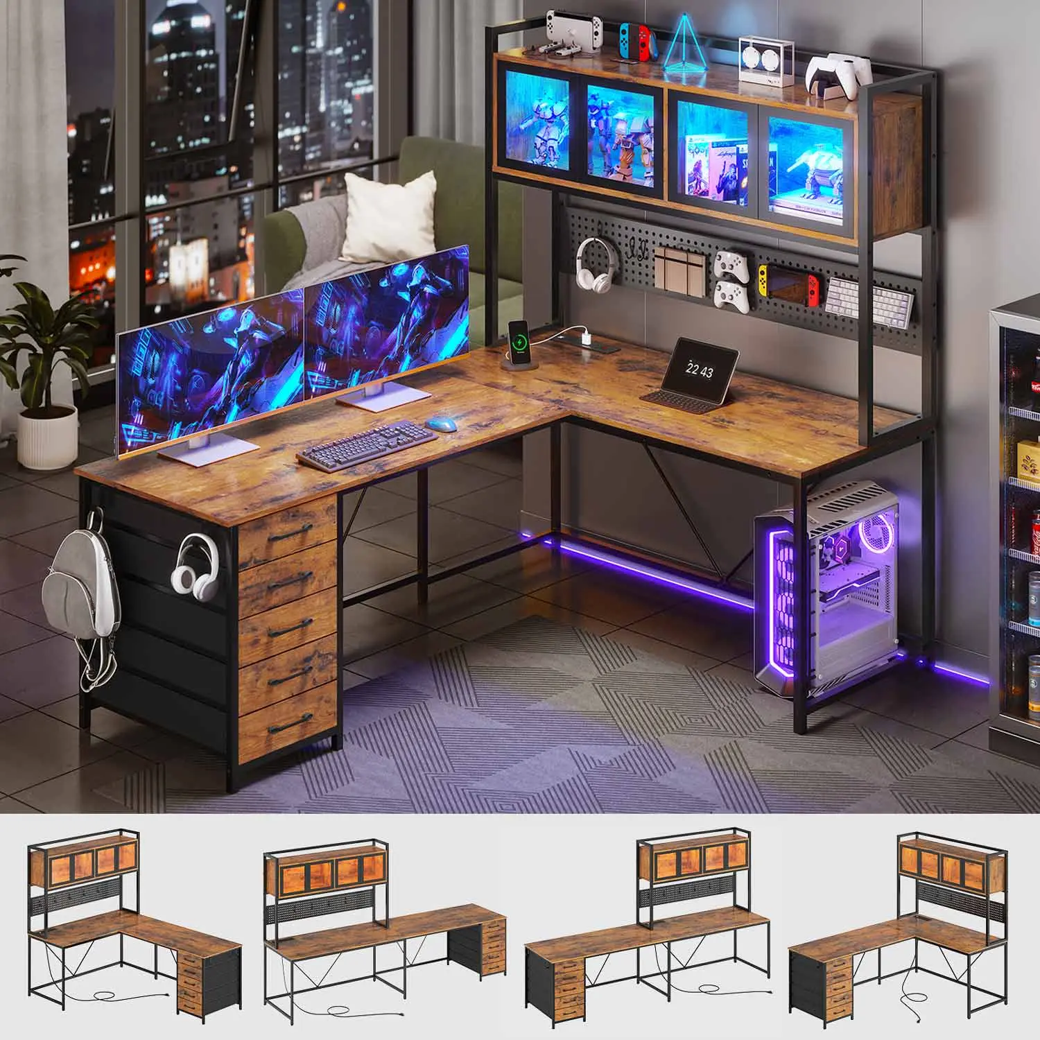 Sedeta L-Shaped Multi-Functional Modern Wood Desk - Wooden Desktop, LED Tabletop, Gaming PC Desk, Dual Monitor Mount Compatibility, Storage, Drawers, Home Office Furniture, Multi Functional Desk