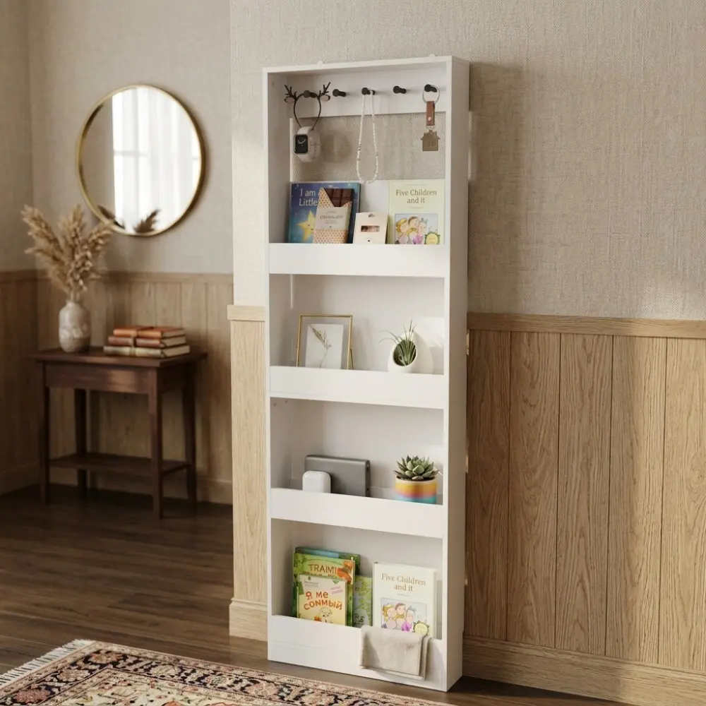 Littleox Behind The Door 69" Tall Bookcase with 4 Shelves and 5 hooks,  Space-Saving Narrow storage cabinet for Living Room, Children's Room, Study Room, Kitchen, Corridor-Antique White