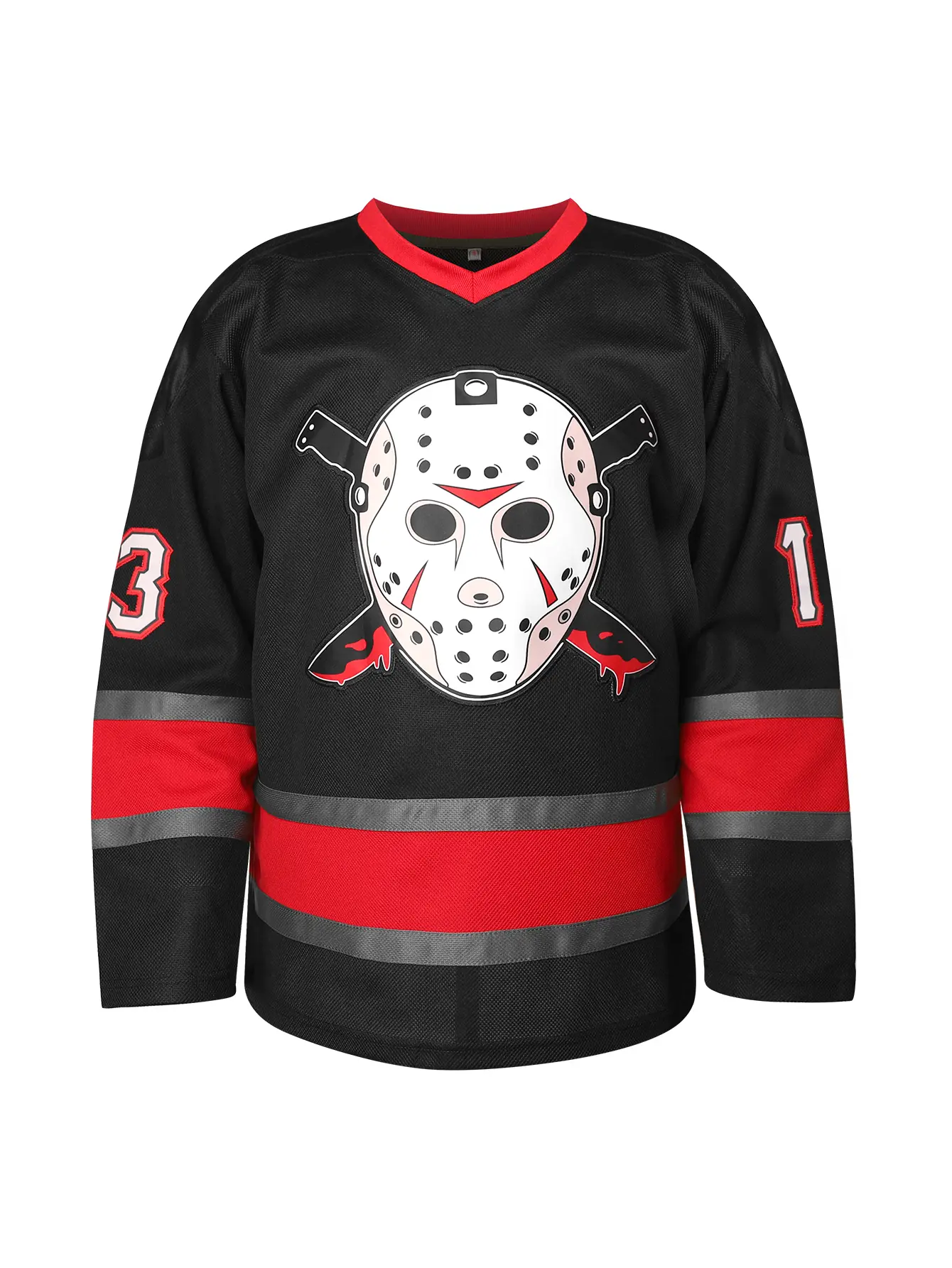 Men's Hockey Jersey, #13 Voorhees Hockey Mask Embroidered Stitched V-Neck Long Sleeve Shirt, Horror Movie Themed Hockey Uniform, Halloween Cosplay Costume Top for Scary Movie Fans Unisex Party Wear