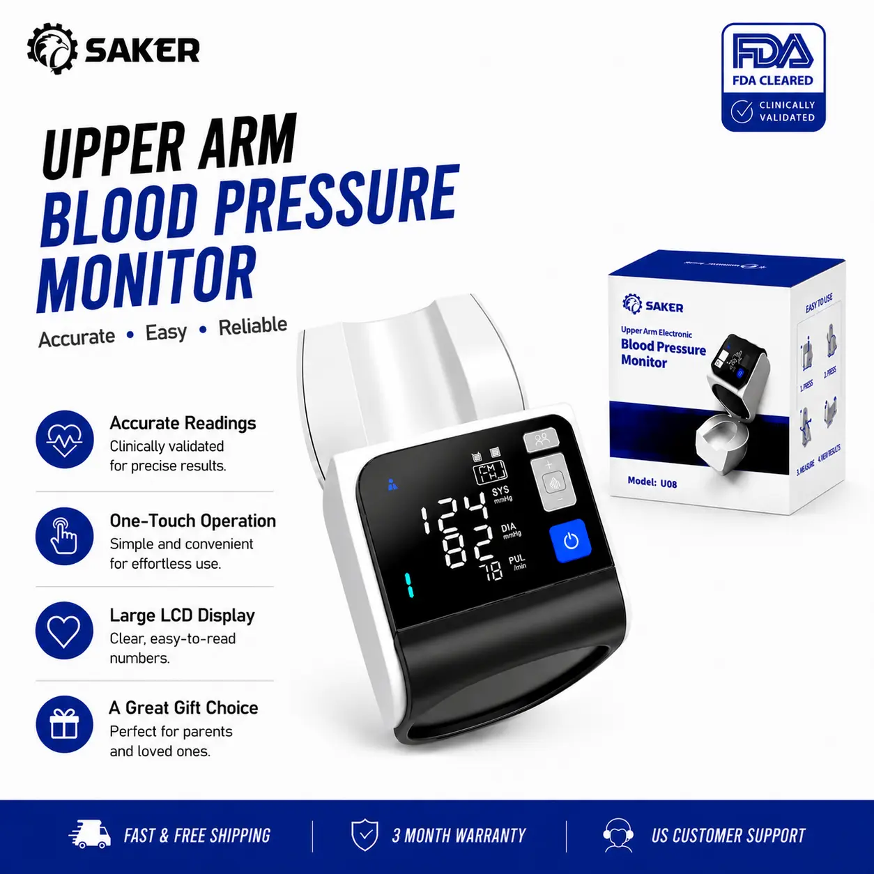 Saker Portable Upper Arm Blood Pressure Monitor - Automatic, No-Wrap Auto-Fit (8.5"-15.7" Fit), Large Display for Home Healthcare Use