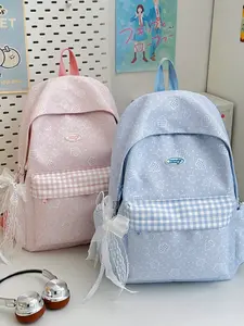 2026 Summer New Heart Dot Backpack for Women, Student Book Bag with Plaid Patchwork and Lace Bow, Large Capacity College Style Casual Backpack