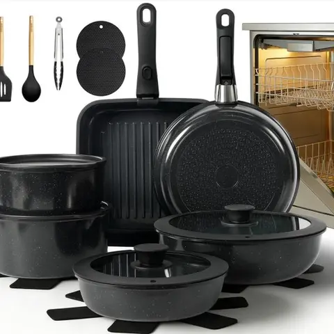 Kikcoin OOAK 22pcs Non Stick Cookware Set - PFAS-Free, Cadmium-Free, Non-Toxic Ceramic, Less Oil, Detachable Handles, Lids, Dutch Oven, Induction Compatible, Manicure-Protecting, Easy Clean, Dishwasher/Oven Safe, Easy Care, Home Use, New Year Gift Idea, N