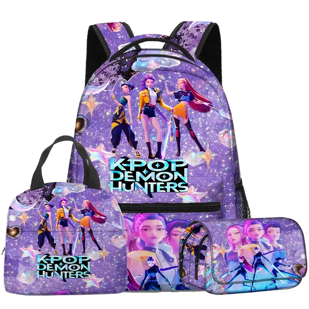 Huntrix Kpop Demon Hunters Backpack Set 3 in 1, Anime Cartoon Print School Backpack with Lunch Box and Pencil Case, Lightweight Bookbag Daypack for Girls Teens Student School Travel