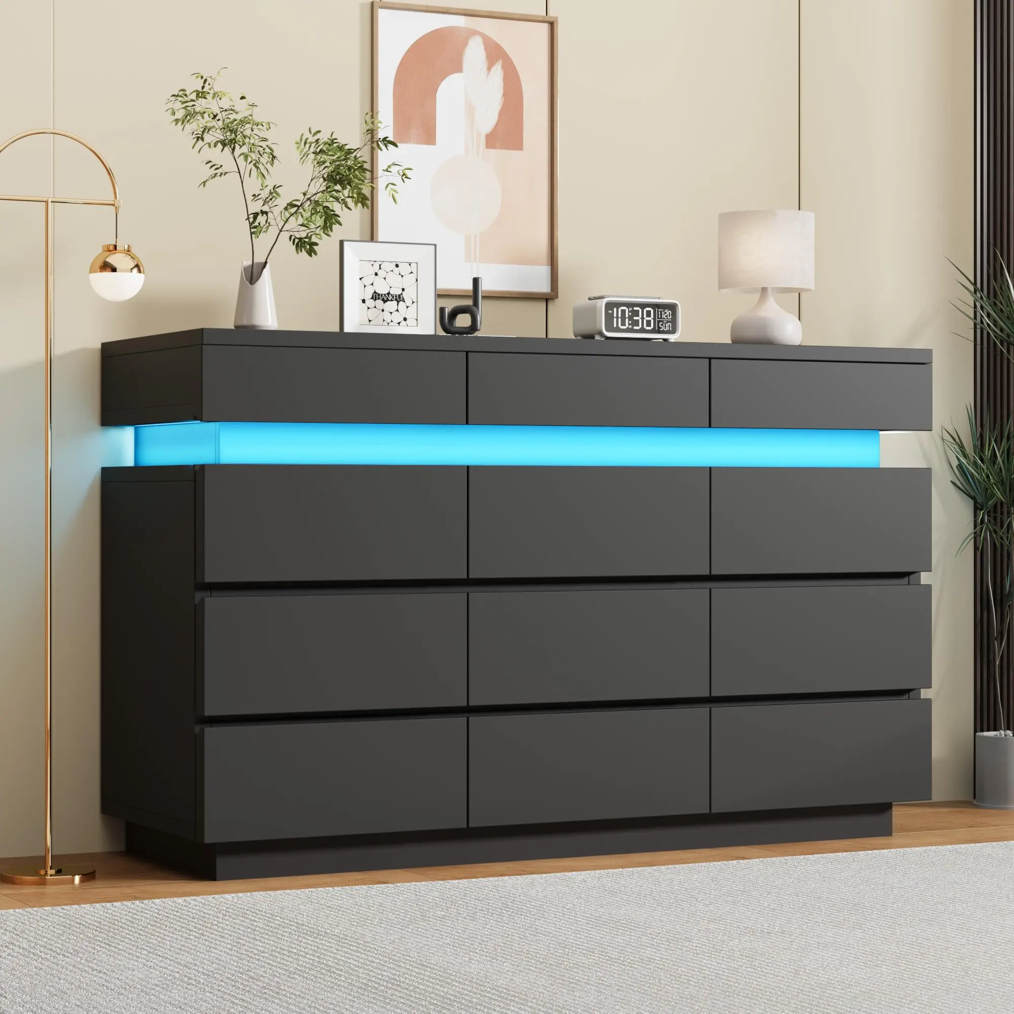 Garvee Modern 12 Drawer Dresser for Bedroom - 59" Wide Wooden Chest with LED Lighting - Spacious Storage Drawers - Anti-Tipping Safety - Ideal for Bedroom or Living Room - Color: White