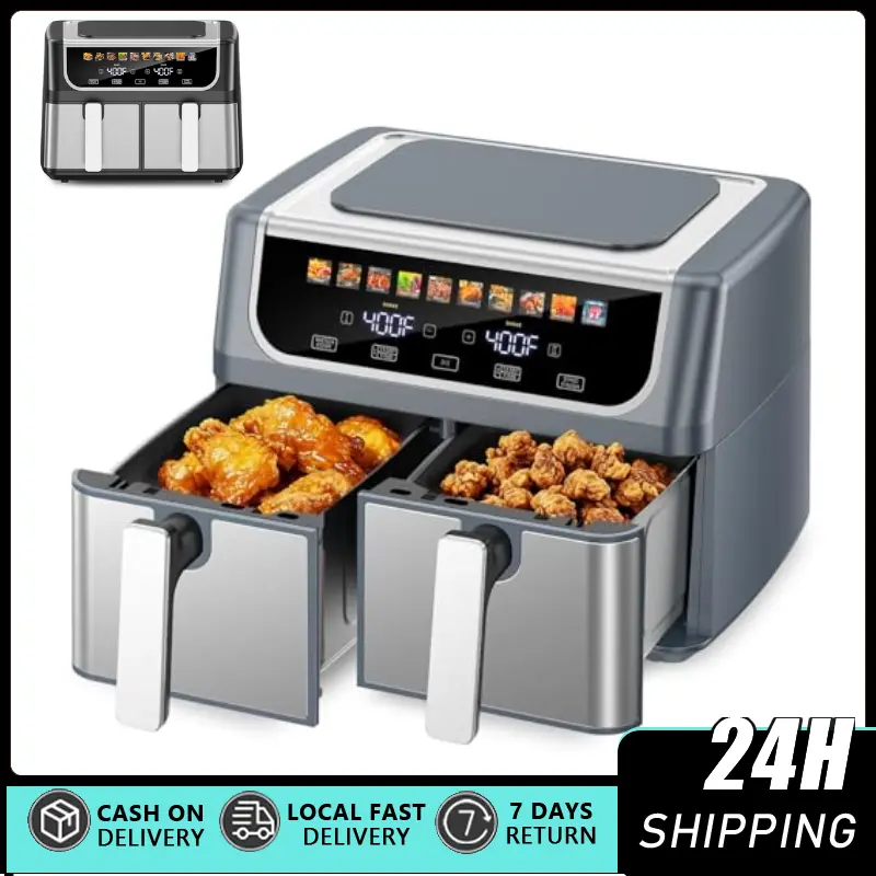 Dual Basket Adjustable Temperature Air Fryer, 9.5L Large Capacity, Independent Temperature Control, 1-Touch Digital Controls, Shake Reminder for Crispy Low-Calorie Meals, Adjustable Temperature Fryer