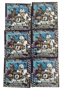 (6) Optic Mega Boxs - 6 Pack of Football Trading Cards with Exclusive Rarities, Blue Holographic, and Parallel Cards