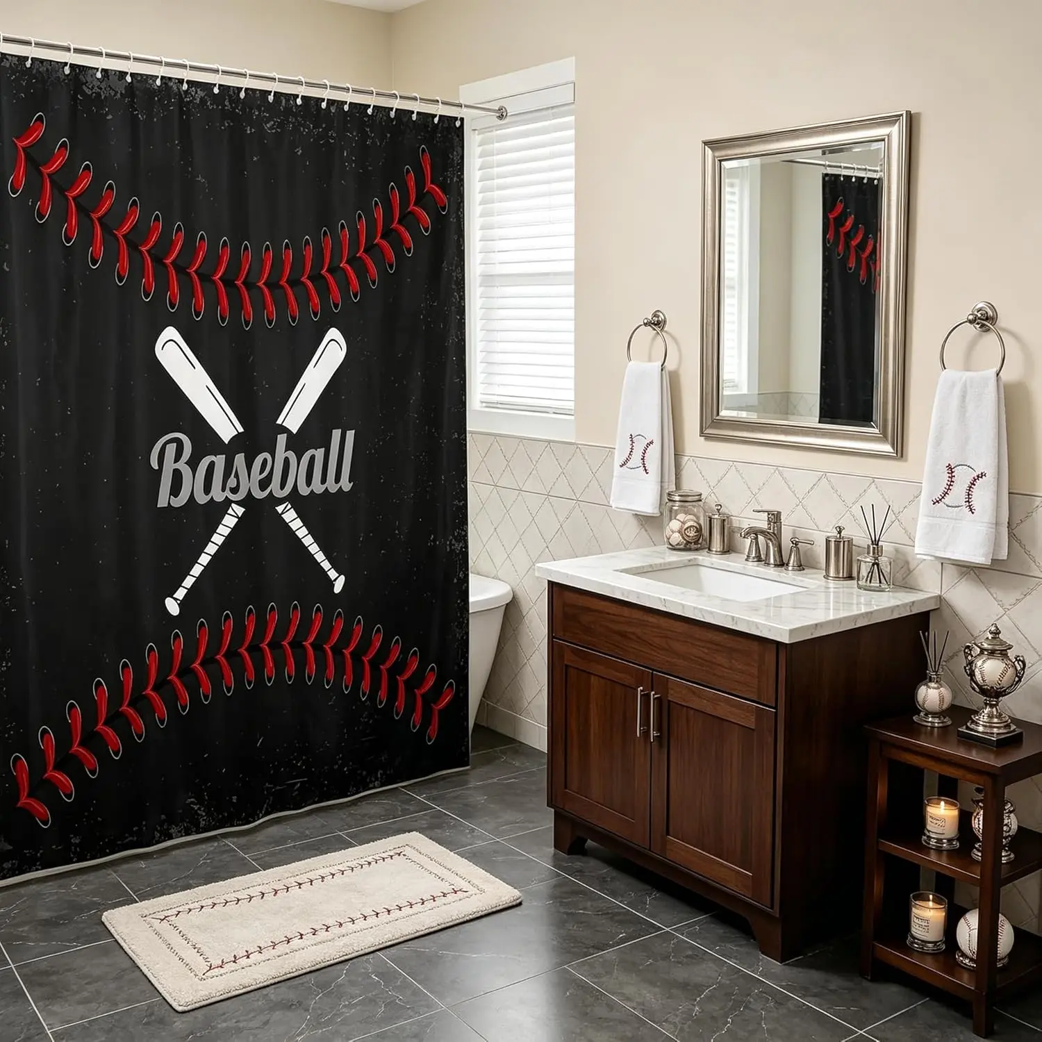 Sports Baseball Bath Curtain,Vintage Sports Theme Shower Curtain,Retro Red Black Microfiber Waterproof Fabric Hooks for Stalls Bathtubs Bathroom