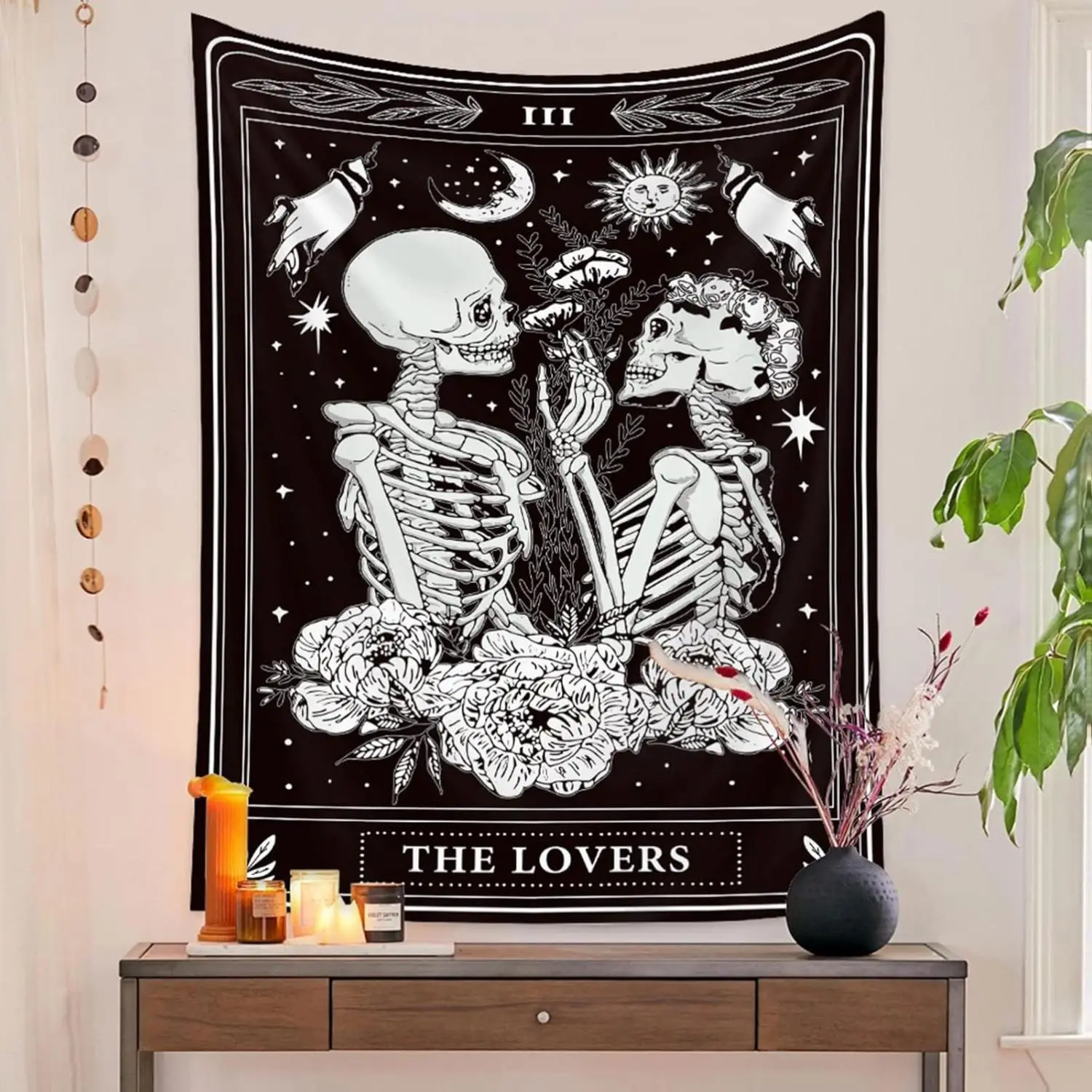 Glam Black & White Lovers Skull Rectangular Tapestry - Gothic Witch-Themed Skeleton Wall Art, Grunge Dark Home Decor, Black Accents, Alternative Style, Machine Washable Gentle Cycle Keeps Color, 30x40 Inches Vertical Indoor Decor for Alt Enthusiasts