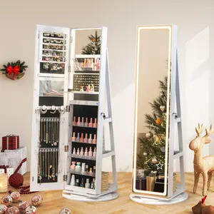 COSTWAY 360° Swivel Jewelry Armoire with Full Length Mirror, Rear Storage Shelves, Lockable Standing Jewelry Cabinet Organizer with Interior Vanity Mirror and 3-Color Lights, Christmas Festival Gift Black Friday Cyber Monday