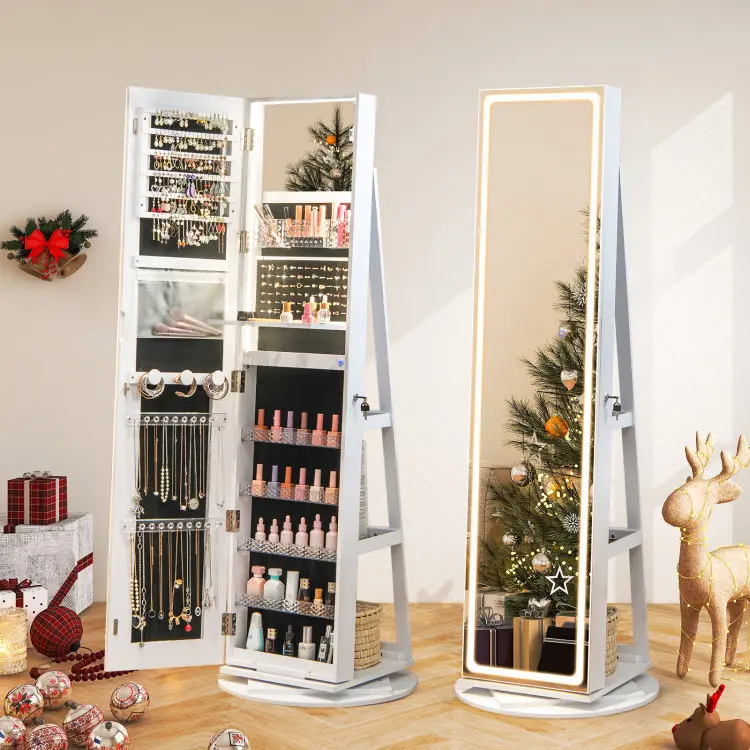 COSTWAY 360° Swivel Jewelry Armoire with Full Length Mirror, Rear Storage Shelves, Lockable Standing Jewelry Cabinet Organizer with Interior Vanity Mirror and 3-Color Lights, Christmas Festival Gift Black Friday Cyber Monday