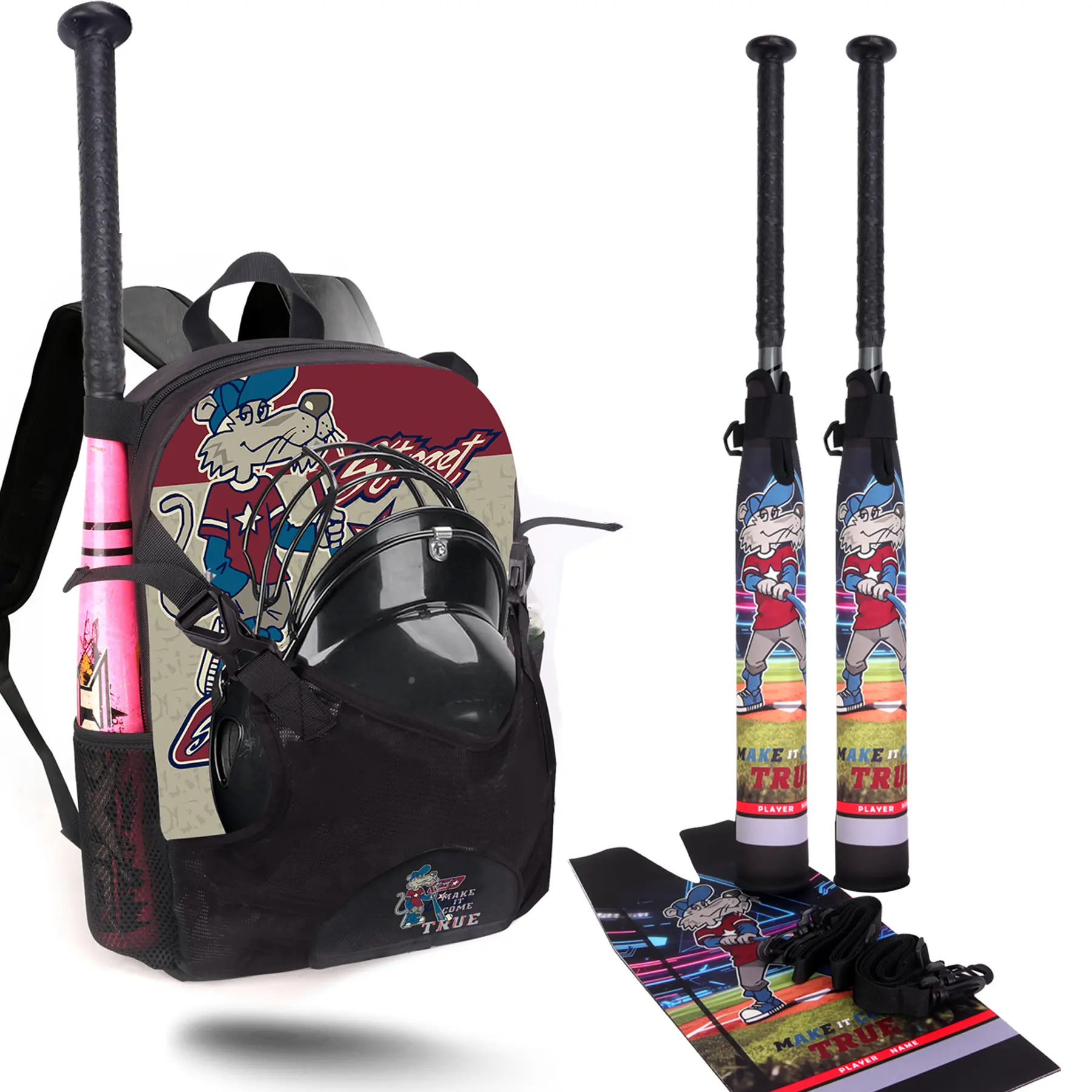 Baseball Accessories Set 1Pc Baseball Backpack &2Pcs Bat Sleeves，Durable Softball T-Ball Travel Backpack Equipment Bag for Youth Adult with Hook Essential&Helmet &Gloves Holder, Large Capacity Sports Pack Lightweight Bat Bag Multiple Styles