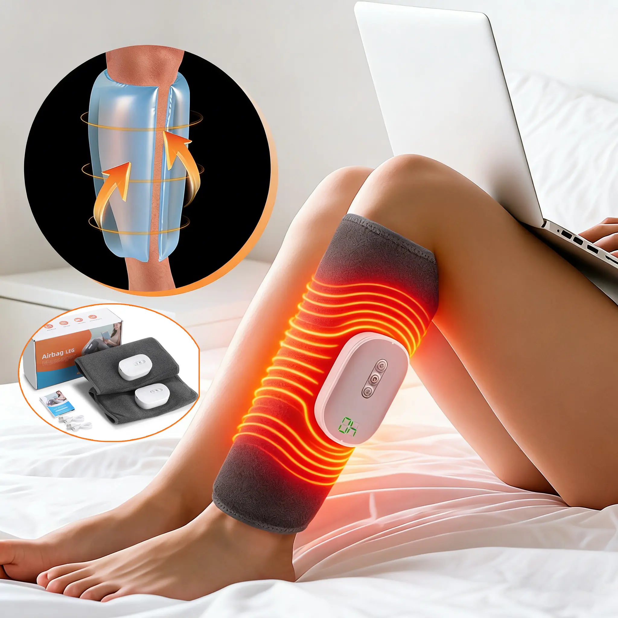 Cordless Leg Massager with Heat for Muscle Relaxation, Wireless Calf Compression Massage Device with 4 Modes & 8 Intensities, Massage Devices, Heat Mode, Legs, Portable, Adjustable Relaxing, Body, Home/Gym, 8 Levels, Muscle Massagers, Hands-Free Portable