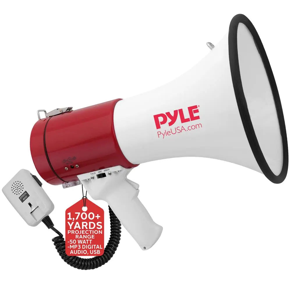 50W Handheld Megaphone Speaker - Battery Operated Portable Gadget, High Volume Electronic Voice Amplifier, Lightweight Grip, USB/MP3/3.5mm Aux Input, 1700 sq yd Coverage for Outdoor Events Crowd Control