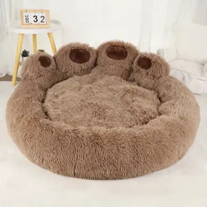 Bear Paw Shaped Round Pet Bed for Cats and Dogs, Calming and Anxiety Reducing Comfort, a Self Warming Faux Fur Dream Machine