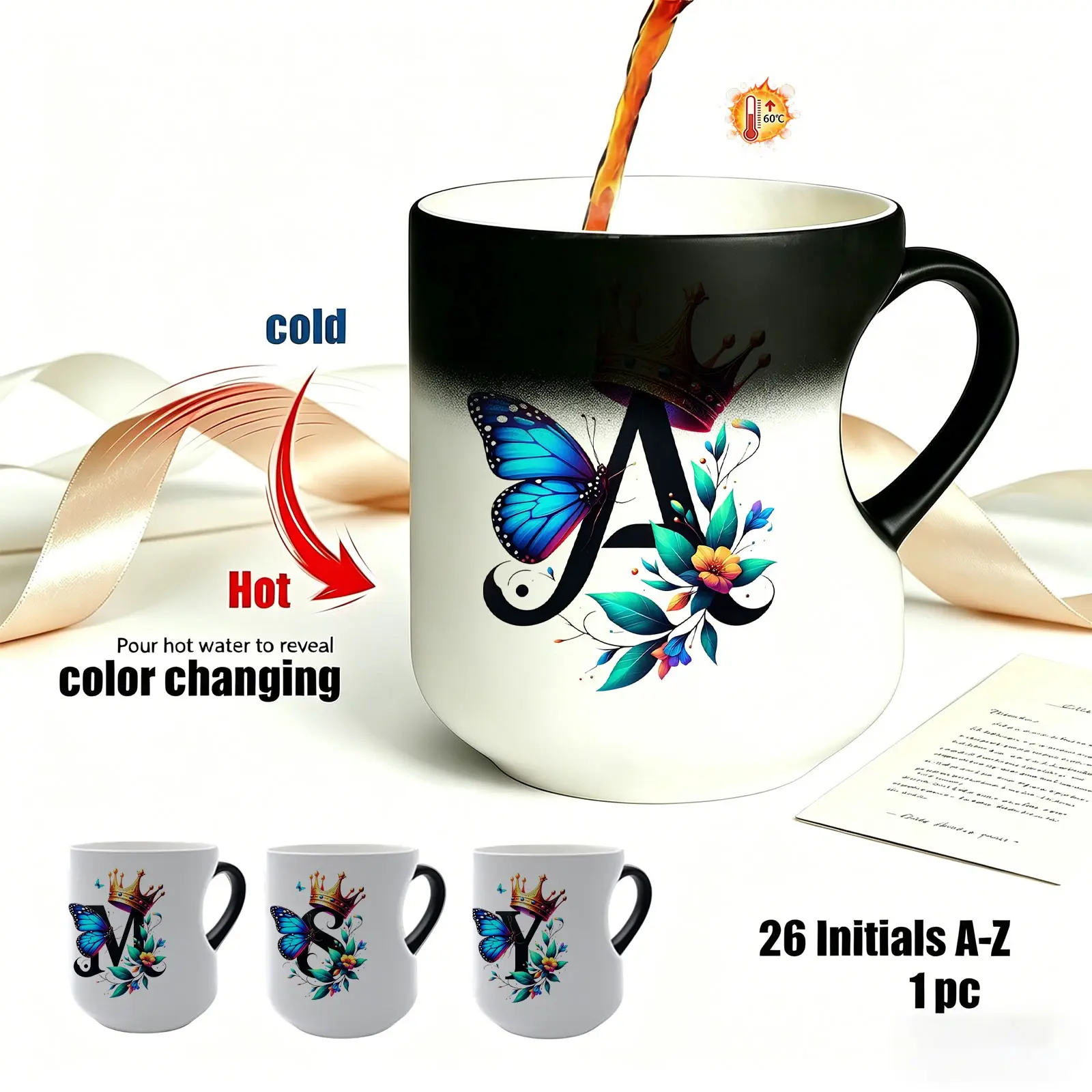 1pc Initial A-Z Color Changing Mug, Butterfly & Crown Design Heat Sensitive Magic Ceramic Mugs Coffee Cup, 11oz Personalized Letter Mug, Birthday Gift for Women, Home Office Drinkware, Floral Gift Mug, Thermosensitive Ceramic Cup