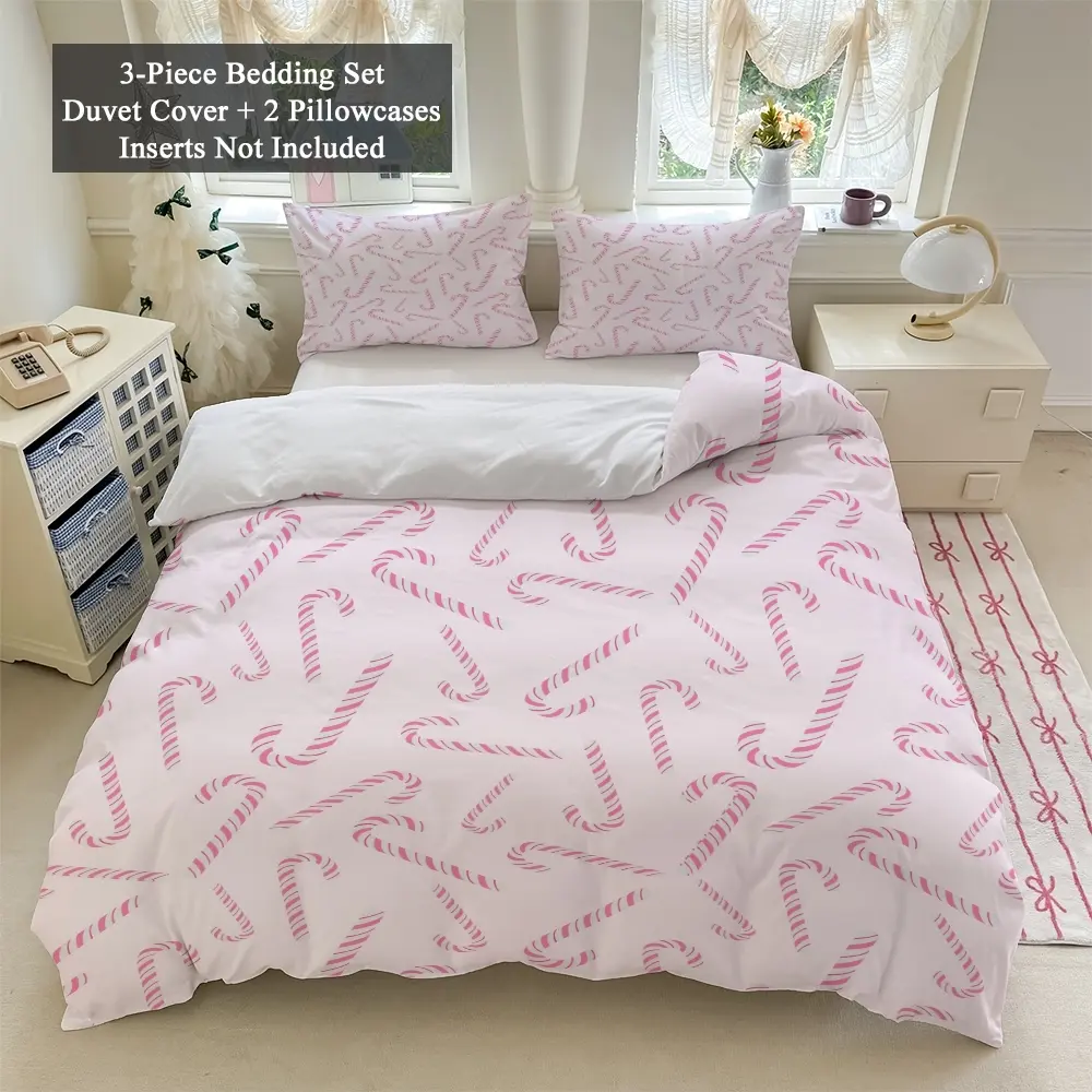 Cane Sugar Bedding Set, Christmas Sweet Theme, Soft Breathable Fitted Sheet with Pillowcases, Cute Party Decoration, Decorative Bedding Set (1 Fitted + 2 Pillows)