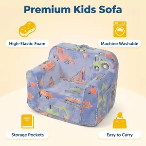 Blue Car Pattern Kids Sofa Chair, Machine Washable Toddler Armchair for Boys Bedroom | Toddler Room Must Haves, Cozy Kids Chair for Story Time