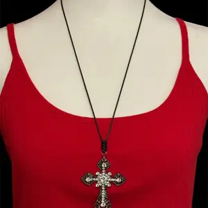 Gothic Cross Pendant Necklace Adjustable Black String Rope Victorian Retro Style New
