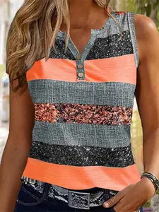 Women's Colorblock Striped Print Notched Neck Casual Fitted Sleeveless Tank Top Cami Top Button Front Top for Summer, Ladies Clothes for Daily Wear