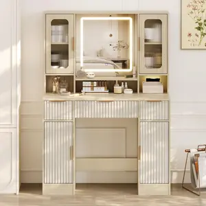 Vanity Desk with with 2 Glass Cabinets/Mirror/ Light – Makeup Dressing Table, 2 Large Cabinets & 3 Wavy Drawers – Adjustable 3 Lighting Modes for Bedroom
