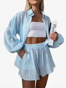 Women's Long Sleeve Striped Cardigan Set Outfit, High Waist Shorts & Loose Fit Pants Two Piece, Casual Fashion Commuter Wear, Womenswear