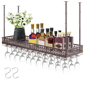VEVOR Ceiling Wine Glass Rack,  46.9 x 13 inch Hanging Wine Glass Rack, 18.9-35.8 inch Height Adjustable Hanging Wine Rack Cabinet, Coppery Wall-Mounted Wine Glass Rack Perfect for Bar Cafe Kitchen Utensils Bottle