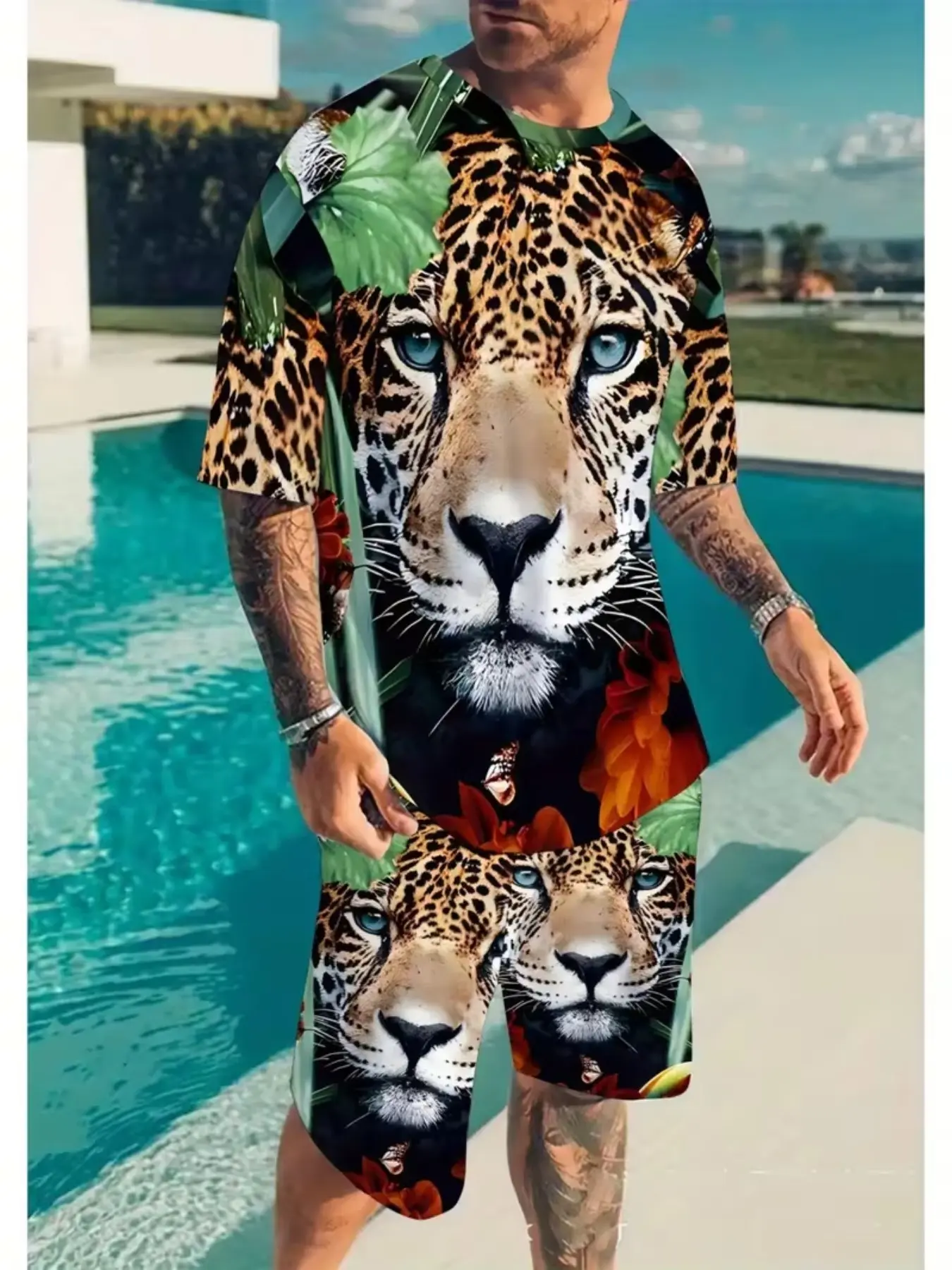 Men's Short Sleeve Geometric Print Crop Top Set, Casual Fitted H-Type Drop Waist Design, Track Shorts Included, No Zipper & Collar, Leopard, Menswear