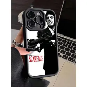 1pc Black English Scar Face Graphic Full Coverage TPU Shockproof Phone Case Compatible With IPhone 16 15 14 13 12 11 Pro Max, Fit For Series Waterproof Anti-Fall Scratch Resistant