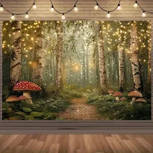 1PC,2D Flat Enchanted Forest Mushroom Festival Door Curtain, Fantasy Theme Party Backdrop, Wall Hanging for Bedroom & Living Room, Warm Atmosphere Decor for Halloween, Christmas, Perfect for Holid