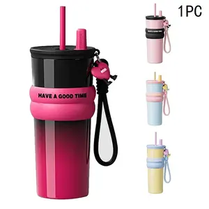 710ML/25oz Macron color scheme stainless steel thermos cup with lanyard, car ice cup large capacity drinking cup with straw 316 stainless steel portable outdoor straw cup, double drink mode can be switched Mug