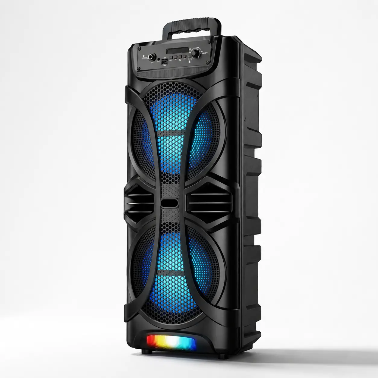 Dual 8" Portable Wireless Speaker with Built-In Carrying Handle, Vertical Party Sound Box with RGB LED Lights, TWS-Linkable Rechargeable Music Player with FM Radio & USB Input