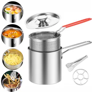 Weeding Gift Deep Fryer with Strainer Basket and Handle Stainless Steel Fry Pot Food Grade Outdoor Fryer with Lid Portable Food Cooking Pot for Frying Fish Shrimp Chicken and Fries