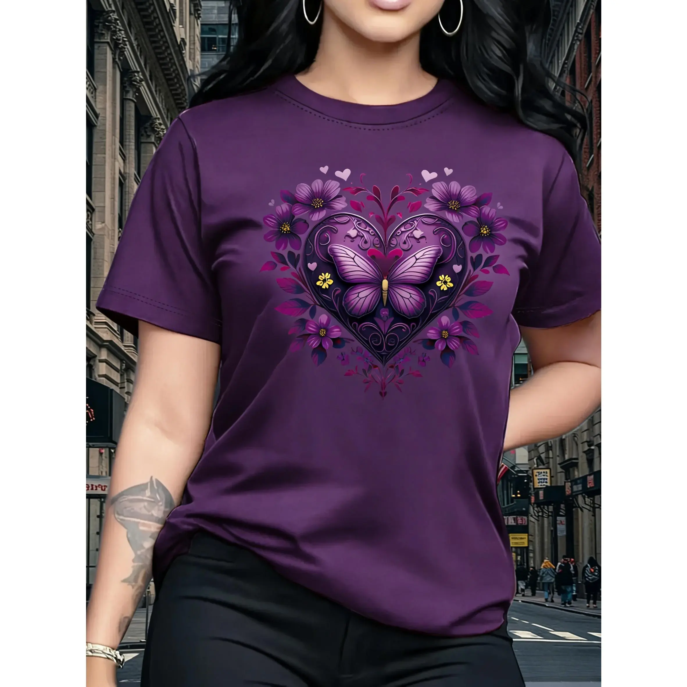 100% Cotton, Purple Heart-shaped Flower Pattern Short-sleeved Round Neck Casual Women's T-shirt, Suitable for Outdoor and Indoor Wear, Gift, Women's Gift, Birthday Gift, Friend Gift, Sister Gift, Holiday Gift