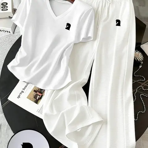 Women's Two-Piece V-Neck Set, Soft Stretch T-Shirt and High-Waisted Wide-Leg Pants, Comfortable and Breathable, Perfect for Casual Wear and Loungewear