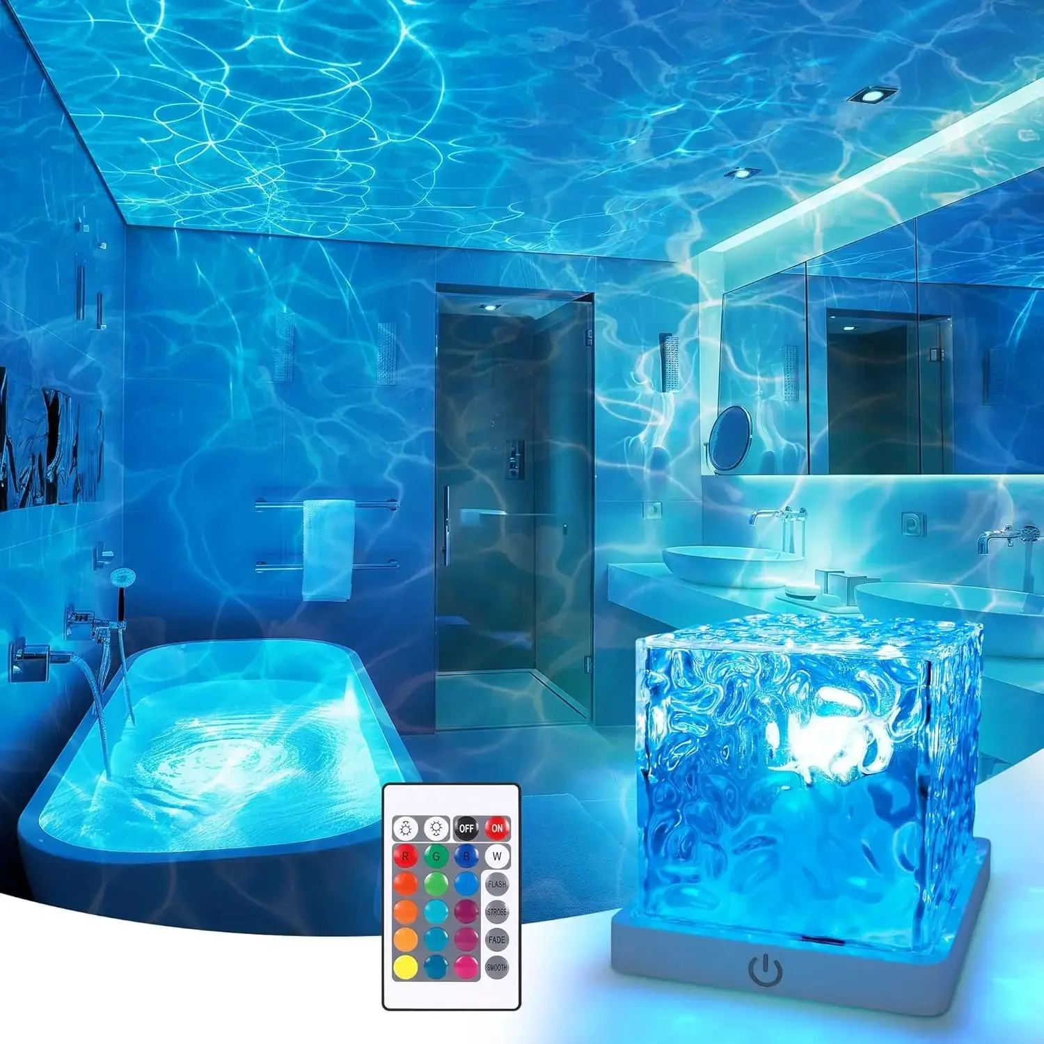 Roomsy Rechargeable Shower Light No Wiring, 16 Color Changeable Ocean Wave Projector Light, Dimmable Waterproof Shower Lamp with Remote, Rotating Flame Water Ripple Lamp for Shower, Bathroom, Bedroom Decor