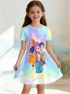 Girls' 3D Kpop Dress, Macaron Color Star Cloud Print A-Line Skirt, Perfect for Parties, Festive Gifts, Birthday Presents